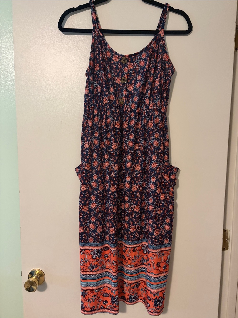 Sleeveless Navy Midi Dress with Coral Floral Border & Pockets - Small - Picture 2 of 7